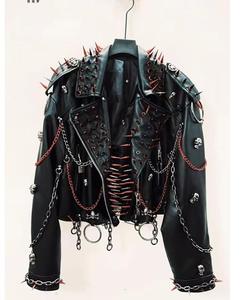 <b>Punk</b> Style Men's PU Leather <b>Jacket</b> With Spikes Chains Skulls Zipper Closure Regular Fit Autumn Wear - Product Image 3