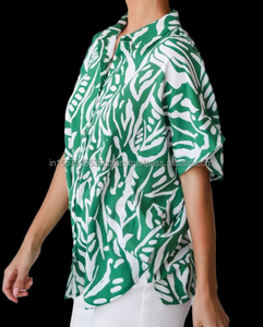 Camisa estampada en blanco y verde para mujer, blusa informal holgada con botones, Tops de verano de manga corta para mujer - Product Image 2