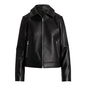 Chaqueta de Motociclista de Cuero Genuino para Mujer, Negra, Manga Larga, Cuello Camisero, Cierre de Cremallera, Estilo Otoñal - Product Image 4