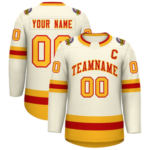 Camiseta de Hockey sobre Hielo Personalizada para Hombre, Amarillo y Rojo, Manga Larga, Sublimada, Cuello Redondo, Transpirable, 100% Poliéster Malla, Capitán - Product Image 3