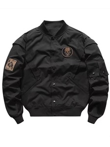 Customized High Quality 100% Cotton Men's Black <b>Summer</b> Solid Varsity <b>Jacket</b> Front Skull Embroidery OEM Supplier <b>Lightweight</b> - Product Image 1
