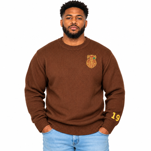 Iota Phi Theta Brown Knit Sweater Mens Crew Neck <b>Long</b> Sleeve Embroidered Crest Ribbed Cuffs Hem Warm Casual <b>Cardigan</b> Winter - Product Image 1