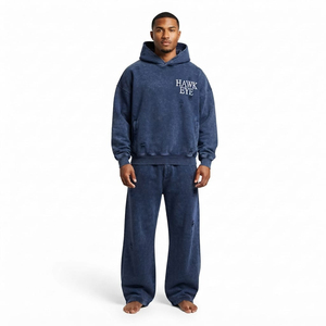 Ensemble de survêtement pour homme coupe décontractée, effet délavé et usé, comprenant un sweat à capuche et un pantalon de jogging large en molleton de coton respirant, deux pièces - Product Image 5