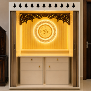 Armoire de Temple Religieux Moderne en Bois Sculpté avec Rétroéclairage LED Premium, Portes en Verre, Tiroirs de Rangement et Fixation Murale - Product Image 3