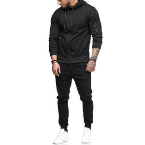Custom Men’s Solid Black Slim Fit Tracksuit Set Casual Full <b>Zip</b> <b>Hooded</b> Sweatsuit OEM Sportswear Two-Piece Jogging Suit - Product Image 2