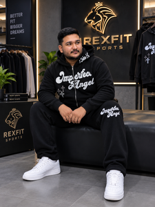 Ensemble survêtement REXFITSPORTS Angel noir à capuche zippé et pantalon de jogging, manches longues, streetwear, pour homme, grandes tailles, tenue décontractée d'automne - Product Image 2