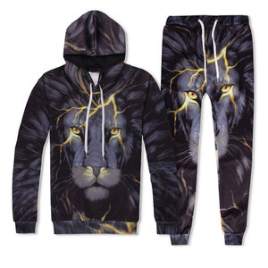 Nouvel ensemble de survêtement élégant personnalisé avec logo par sublimation, sweat à capuche zippé et pantalon de jogging, 2 pièces, pour homme, imprimé lion - Product Image 2