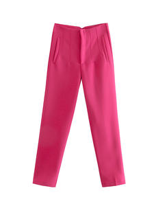 Pantalones casuales clásicos de mujer de cintura alta elástica, holgados, rectos, hasta el tobillo, transpirables, de color liso, estilo primavera con abertura frontal. - Product Image 4