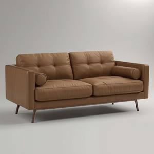 Sofá de Cuero Marrón Coñac de Lujo Estilo Mediados de Siglo, 2 Plazas, Respaldo Acolchado, Patas de Madera Maciza, Mueble Moderno para Sala de Estar - Product Image 1