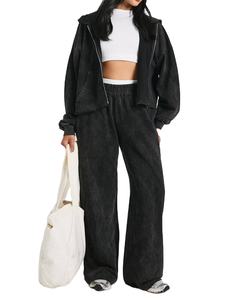 Conjunto Deportivo de 2 Piezas para Mujer en Felpa de Algodón Lavado al Ácido, Sudadera Corta con Cremallera Completa y Pantalones Jogger de Pierna Ancha, Corte Holgado, OEM ODM - Product Image 1