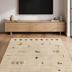 Alfombra de Lana Hecha a Mano con Diseño Tribal Beige y Motivos Nómadas, Alfombra Decorativa Hecha a Mano para Sala de Estar - Product Image 4
