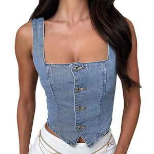 Débardeurs en jean pour femmes, tops courts d'été sans manches boutonnés pour soirée et club, coupe ajustée, col carré, dos nu - Product Image 6