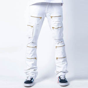 OEM ODM <b>Men</b> <b>White</b> Zipper <b>Jeans</b> Stylish Streetwear Distressed Ripped <b>Slim</b> <b>Fit</b> Casual Denim Pants with Multiple Pocket Design - Product Image 1