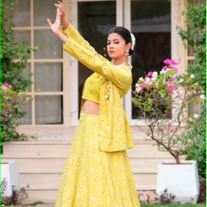 Conjunto de Chaqueta y Lehenga Amarillo Marigold Fusion - Product Image 1