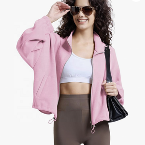 Sweat-shirt court en polaire à fermeture éclair pour femmes à manches longues col roulé fermeture éclair capuche courte décontracté col montant hiver automne veste - Product Image 1