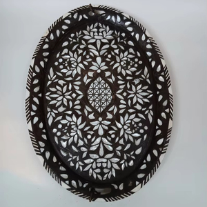 Vintage Mother Pearl Oval Storage Serving <b>Tray</b> Handcrafted Floral Mosaic Decorative Platter Coffee <b>Table</b> Belladec BI-WT98 - Product Image 1