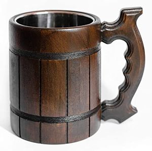 Chope à bière en bois faite à la main, écologique, en forme de baril, avec poignée sculptée, double paroi, pour bar, restaurant, fête - Product Image 3