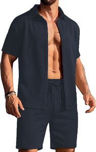 Ensemble deux pièces pour homme, chemise à manches courtes et short, style décontracté, en velours tricoté uni, pour les vacances, 100% coton - Product Image 4