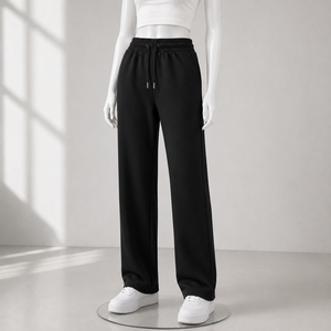 Black Knitted Wide Leg Pants High Waist Loose Fit Full Length Casual Solid Color Elastic Waist Fleece Sweatpants For Women - Product Image 4
