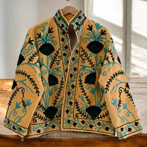Sunset Embroidered Cotton <b>Jacket</b> With Palm Trees And Floral Design <b>Mandarin</b> <b>Collar</b> Full Sleeve Summer Vacation Style - Product Image 2