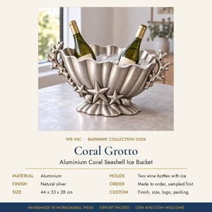 Seau à glace artisanal en aluminium moulé, motif corail et coquillage, bol refroidisseur à vin festonné, bac à boissons de style côtier, décoration de bar - Product Image 2