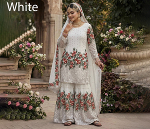 Traje Sharara de Seda Bordado a Mano con Diseño Floral, para Mujer, Ideal para Fiestas, Bodas, Diwali, Estilo Tradicional Indio, Corte Ajustado, Midi - Product Image 1