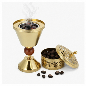 Luxury Gold Metal Bakhoor Burner with Wooden Ball Accent Arabian Mabkhara Charcoal Oud Incense Holder for Middle East Home <b>Decor</b> - Product Image 6