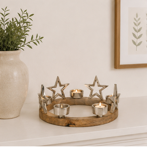 Handmade Natural Mango Wood Advent Wreath Candle Holder With Silver Metal Stars Round Christmas Table Centerpiece For Home Decor - Product Image 6