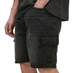 Shorts cargo noirs pour hommes, taille mi-haute élastique, 100 % coton toile, longueur Bermuda, style décontracté, motif uni, respirant - Product Image 4