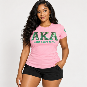 Camiseta con Lentejuelas Rosadas de la Hermandad de Sororidades, Ropa Griega para Mujer, Camiseta de Moda Casual de Manga Corta de Algodón Premium - Product Image 1