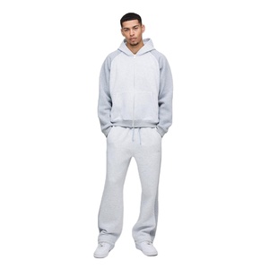 Ensemble de survêtement gris chiné personnalisé de haute qualité pour hommes surdimensionné Color Block Crop manches raglan à capuche et pantalon de survêtement évasé à jambes larges - Product Image 1