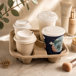 ถาดใส่แก้วกาแฟย่อยสลายได้แบบใหม่ ผลิตจากเยื่อกระดาษขึ้นรูป สำหรับใส่เครื่องดื่ม บรรจุภัณฑ์แบบขายส่ง 4 ช่อง  ไม่ฟอกขาว  ผู้จัดจำหน่าย - Product Image 1