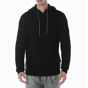Pull à capuche en tricot noir pour homme, coupe classique, couleur unie, décontracté, automne, écologique, polaire polyester/coton - Product Image 1