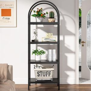 Étagère à livres moderne à 5 niveaux en métal cintrée avec structure en acier noir pour salon, bureau, maison, présentation et rangement - Product Image 5