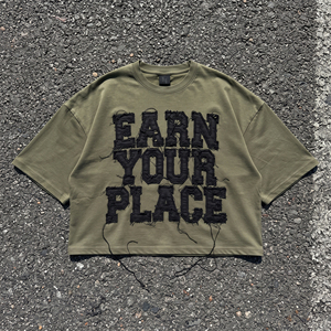Camiseta Corta de Manga Corta con Patrón de Letras Bordadas Desgastadas, Cuello Redondo, Estilo Casual, Corte Regular, Camisetas Bordadas - Product Image 6