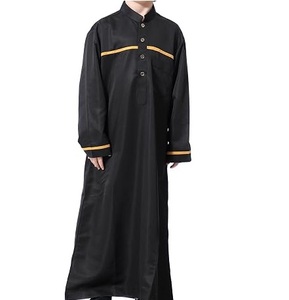 Thobe noir respirant pour enfants, à manches longues, col montant, rayé, pour bébés, Jubba musulmane, robe traditionnelle islamique du Moyen-Orient - Product Image 1