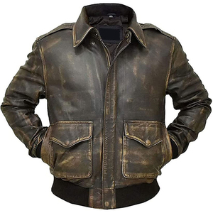Blouson Bomber Vintage en Cuir Marron Vieilli Imperméable et Coupe-Vent pour Homme, Style Moto Biker, Fermeture Éclair, Col Rabattable, Coton - Product Image 1