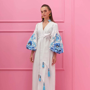 Vintage Boho Embroidered Cotton Maxi Dress Women <b>White</b> Floral Pattern <b>Balloon</b> Sleeve Tassel Tie Waist Loose Fit Dress - Product Image 1