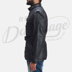 Veste en cuir noire slim fit pour homme, ceinturée, style safari, en cuir véritable, multi-poches, avec col montant - Product Image 4