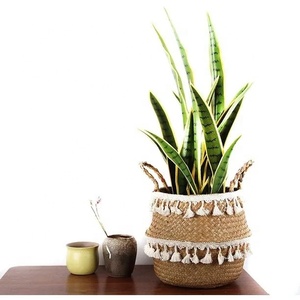 Vente en gros de pots de plantes en rotin naturel cylindrique, base tissée à la main, disposition au sol avec motifs parallèles pour faire pousser vos plantes - Product Image 5
