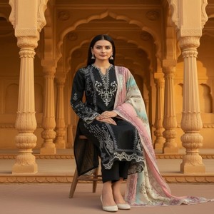 VASTRA COTTAGE Kurti de Algodón con Lentejuelas Bordadas, Top y Pantalón a Juego, Dupatta a Juego, Ropa Étnica Festiva Cómoda - Product Image 3