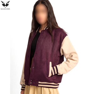 Purple Beige Full Sleeve Turn Down Collar Button Closure Autumn Regular Length Contrast Color Design Women Varsity Jackets - Product Image 2