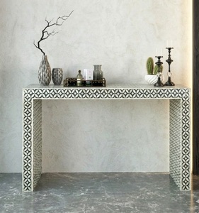 Table console en marbre avec incrustations d'os artistiques, motif géométrique, table de luxe pour entrée, table d'appoint moderne pour salon - Product Image 1