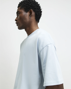 Men's Oversized Cotton T Shirt Drop Shoulder Short Sleeve Crew <b>Neck</b> <b>Light</b> Blue Solid Front Casual Custom Streetwear - Product Image 3
