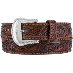 Ceinture en cuir marron pleine fleur personnalisée pour hommes, style western, avec gravures florales sculptées à la main, ceinture de cowboy en cuir repoussé, vente en gros - Product Image 2