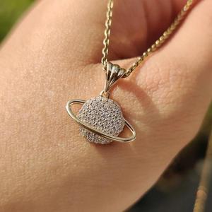 Round Shape Saturn Diamond <b>Pendant</b> with Round Cut Diamond Pave in <b>Solid</b> Yellow <b>Gold</b> Celestial Ring Necklace Modern Fine Jewelry - Product Image 2
