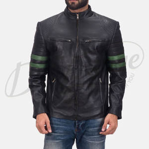 Blouson de motard en cuir noir premium pour homme, en véritable peau de mouton, coupe ajustée, avec rayures vertes, style motard, veste de mode Cafe Racer - Product Image 1