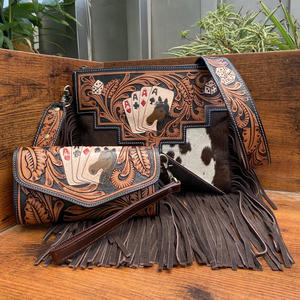 Sac à franges en cuir véritable usiné personnalisable à la mode et cheveux d'embrayage sur carte en peau de vache et Design floral 2 pièces Combo Set pour les femmes - Product Image 4