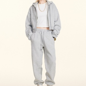 Women's Custom <b>Cropped</b> <b>Zip</b> <b>up</b> Tracksuit Set 100% Cotton French Terry Casual Sports Hoodie and Sweatpants Set - Product Image 5