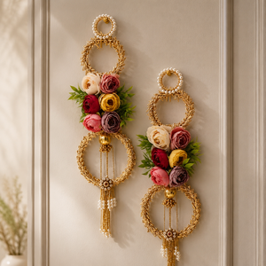 Golden Floral Wall Hanging Pair Pearl Ring Rose Door Toran Wedding Festival Home <b>Mandir</b> Decor Gift Item - Product Image 2
